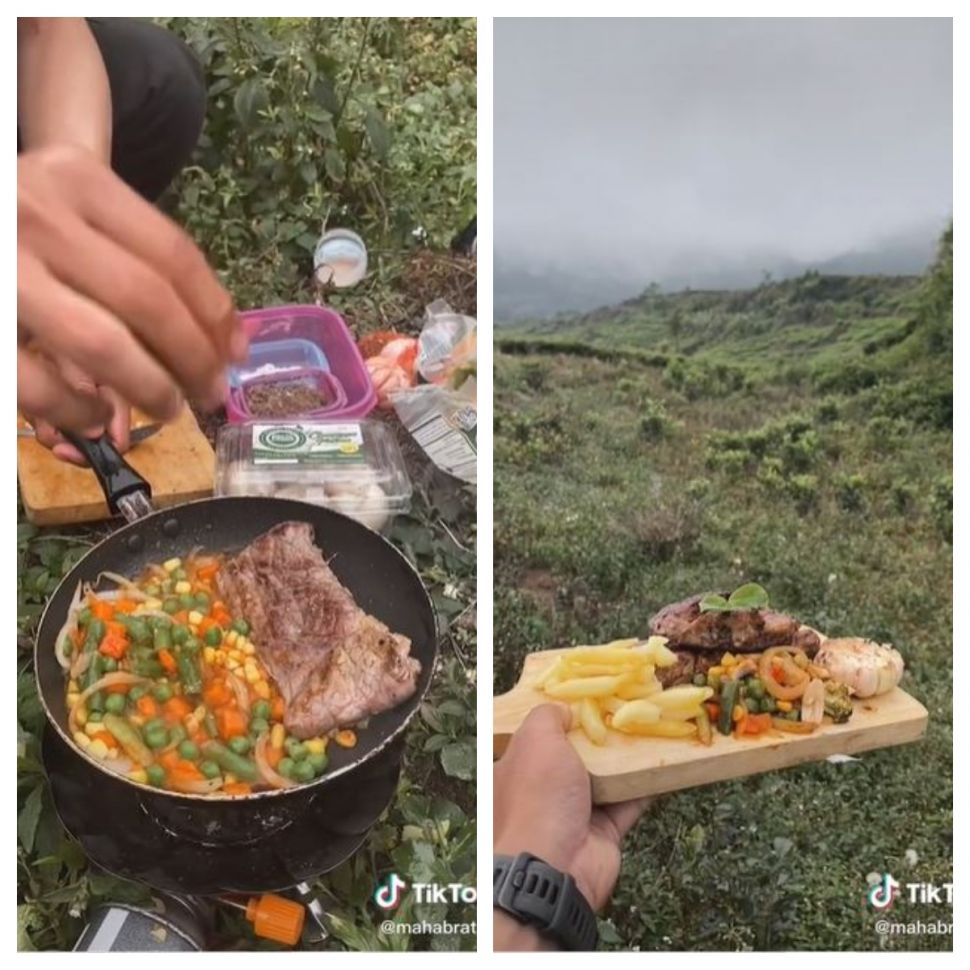 Masak steak di gunung (TikTok @mahabrataa)