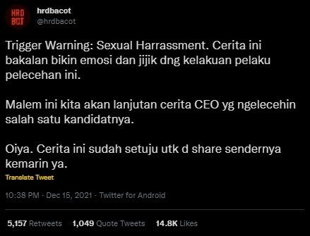 Viral Cerita  CEO Lecehkan Kandidatnya. (Twitter/@hrdbacot)