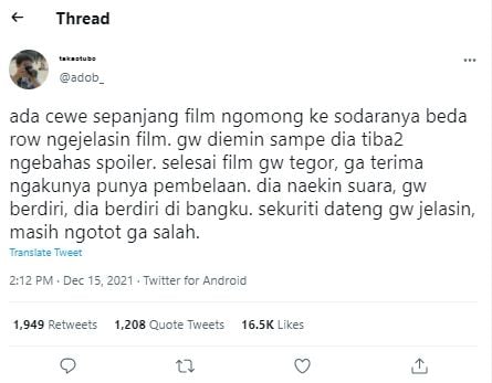 Cuitan perempuan ngamuk sesaat setelah ditegur akan perilaku salahnya di bioskop. (Twitter/adob_)