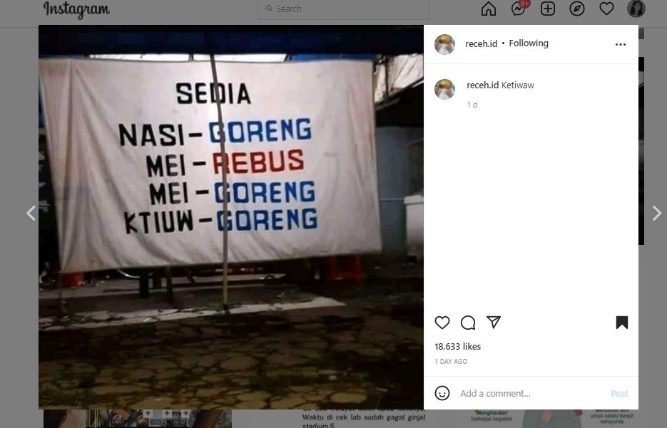 Penjual Nasi Goreng Pasang Spanduk di Warung, Publik Malah Salfok Pas Baca Tulisannya. (Instagram/@receh.id)