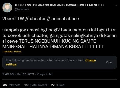 Viral Cowok Emosi Kepergok Selingkuh sampai Habisi Kucing. (Twitter/@tubirfess)