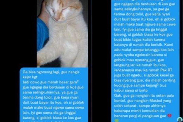 Viral Cowok Emosi Kepergok Selingkuh sampai Habisi Kucing. (Twitter/@tubirfess)