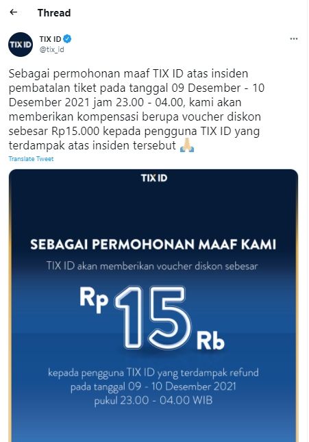 Cuitan permohonan maaf Tix ID atas insiden refund massal pada Selasa, 14 Desember 2021. (Twitter/tix_id)