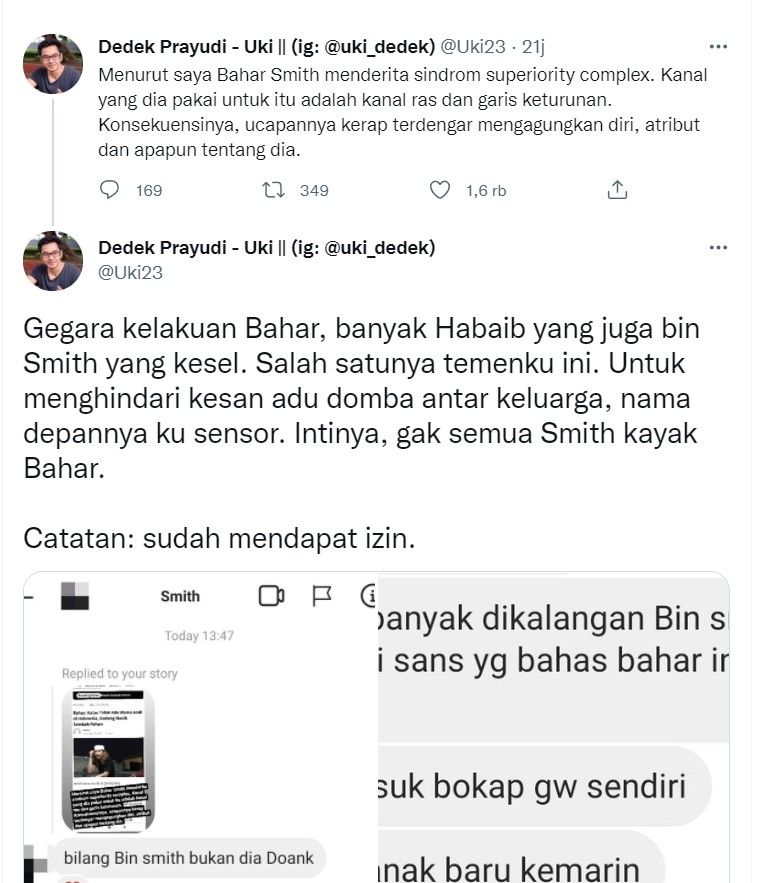 Unggahan Uki Prayudi yang menyindir Habib Bahar bin Smith. [Twitter]