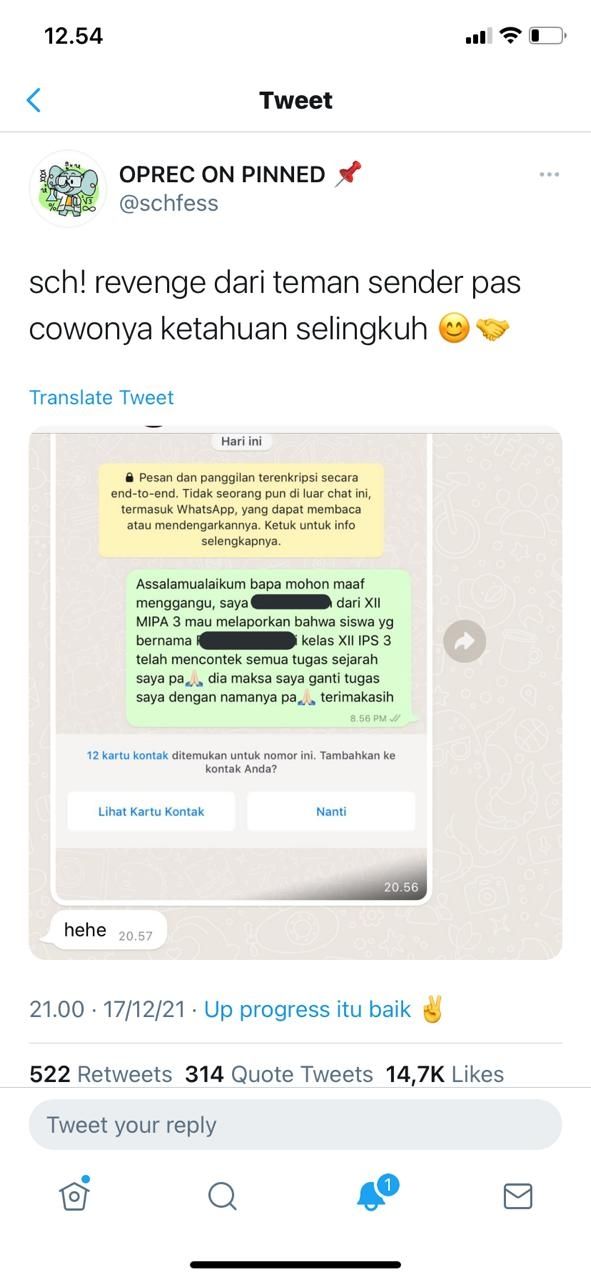 Beredar chat yang menunjukkan pembalasan seorang cewek kepada pacarnya yang berselingkuh (Twitter/schfess)