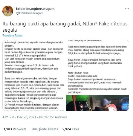 Cuitan akun @txtdrberseragam membagikan kisah Rizky. (Twitter/txtdrberseragam )