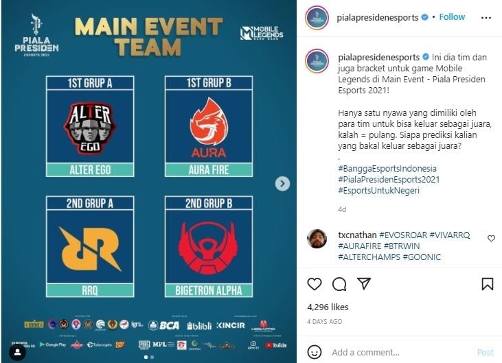 Juara Piala Presiden Esports 2021 Cabang Mobile Legends, Aura Fire. [Instagram/@pialapresidenesports] 