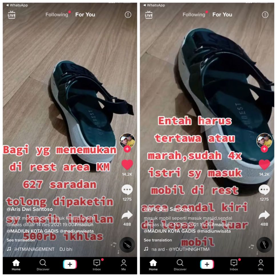 Rekaman video berisi sayembara untuk mencari sandal istri yang hilang mendadak viral (TikTok/aris_glendoh)