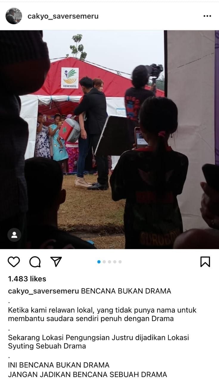 Lokasi pengungsian dijadikan tempat shooting (Instagram/cakyo_saversemeru)