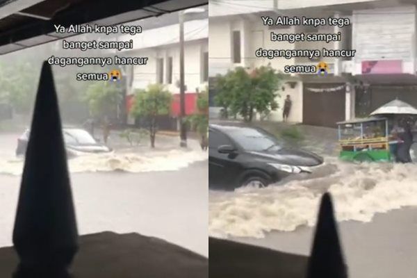 Viral Mobil Senggol Gerobak Jualan Bapak Ini Saat Banjir. (TikTok)