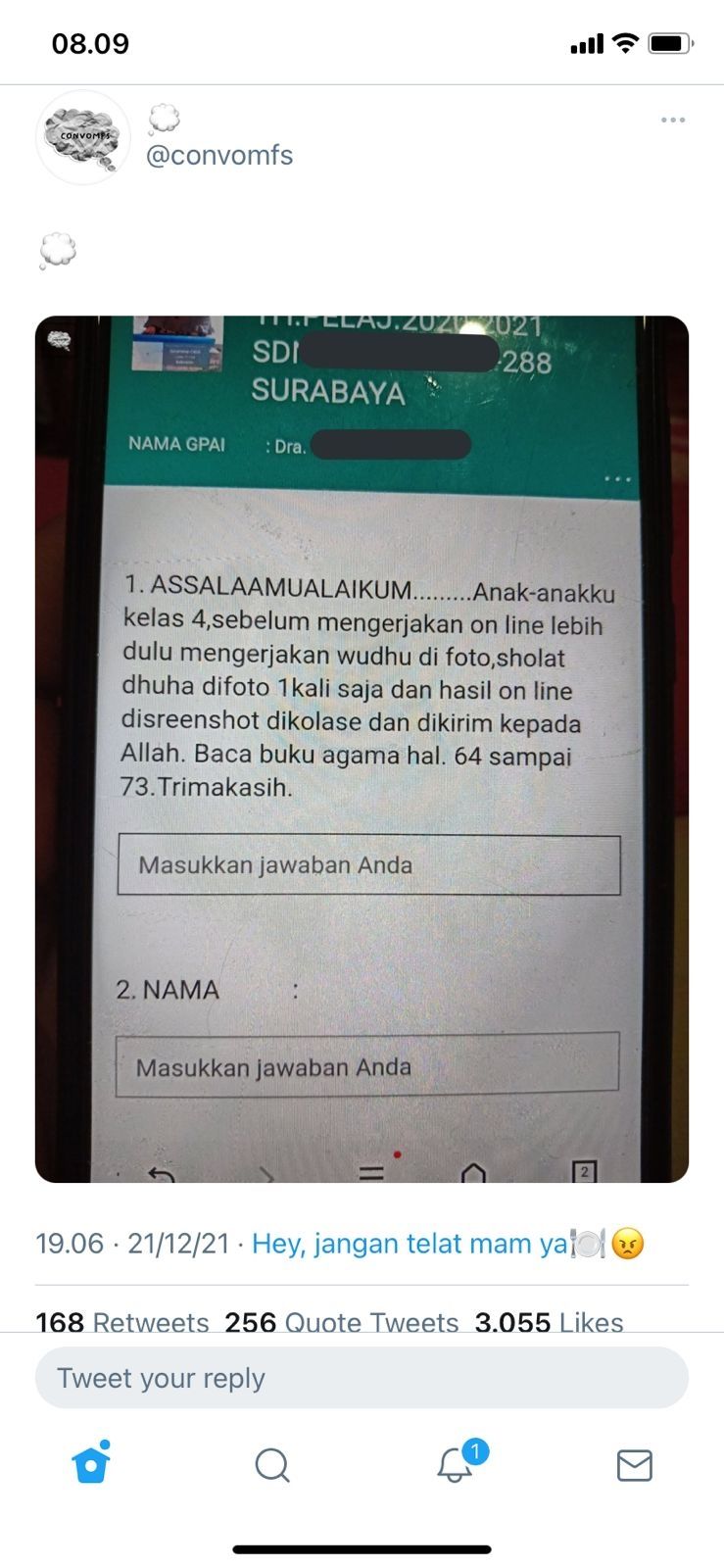 Foto penugasan yang diberikan oleh seorang guru agama kepada murid (Twitter/convomfs)