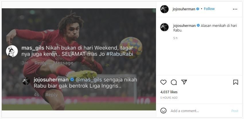 Alasan Joshua Suherman Menikah Hari Rabu (instagram.com/jojosuherman)