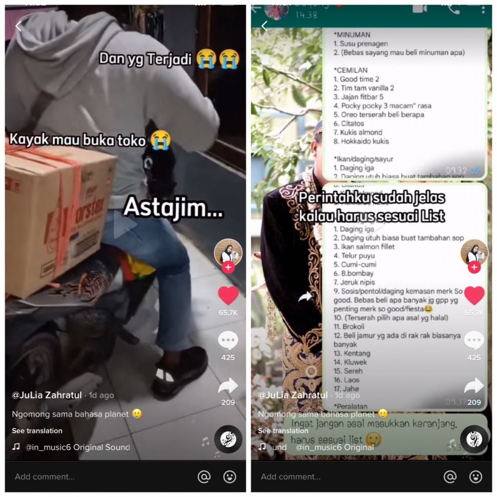 Titip belanjaan ke suami, istri malah syok lihat barang yang dibeli (TikTok/juliazahratul_)