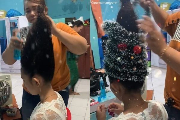 Viral Cewek Sanggul Rambut Jadi Pohon Natal Bikin Bengek. (TikTok)