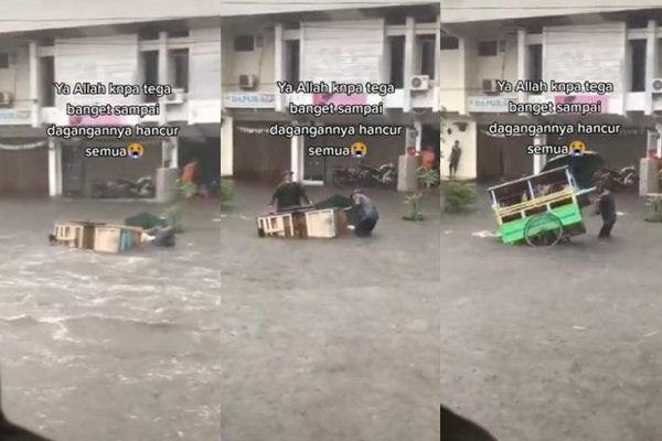 Viral Mobil Senggol Gerobak Jualan Bapak Ini Saat Banjir. (TikTok)