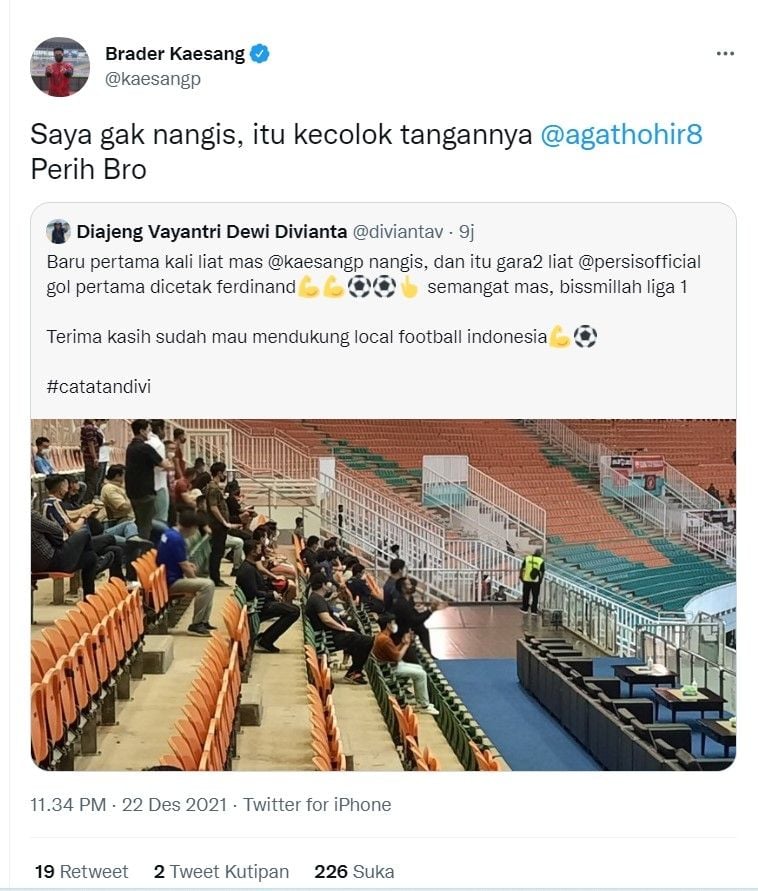 Unggahan Kaesang Pangarep saat memberikan klarifikasi tidak menangis saat Persis Solo lolos di semifinal Liga 2. [Twitter]