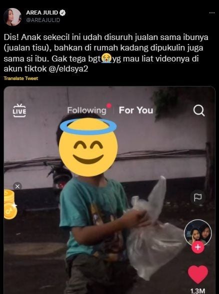 Viral Viral Anak Kecil Jualan Tisu dan Diduga Kerap Dipukuli Ibu. (Twitter/@AREAJULID)