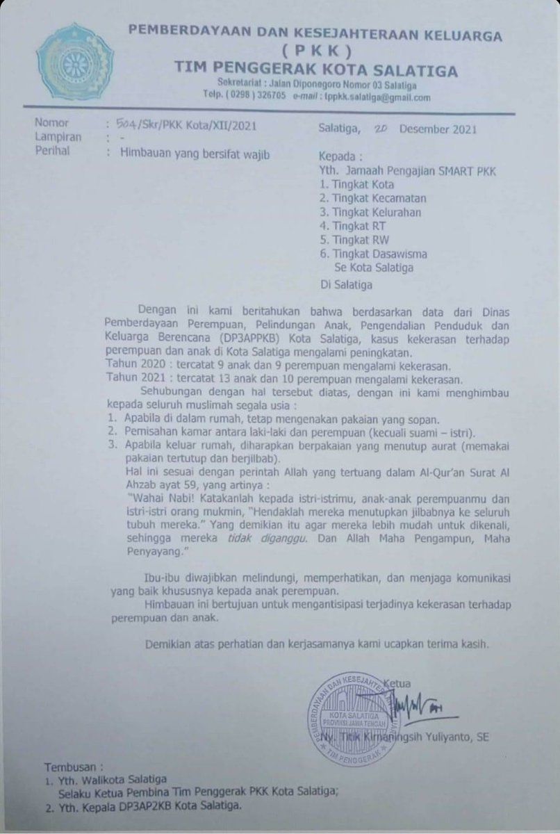 Surat edaran PKK Salatiga tentang berpakaian wanita. [Twitter]