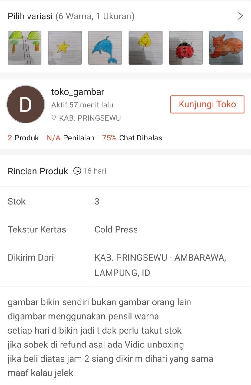 Anak kelas 4 SD jual gambar karya sendiri di online shop (Twitter/istiraahat)