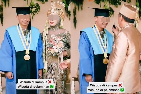 Viral Pria Wisuda di Pelaminan Bareng Momen Nikah, Publik: Dapat Ijazah Plus Ijab Sah (TikTok)