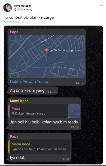 Cuitan unggahan mengenai chat grup keluarga dengan percakapan sang ayah-ibu bak pacaran. (Twitter/oliviahateem_ )