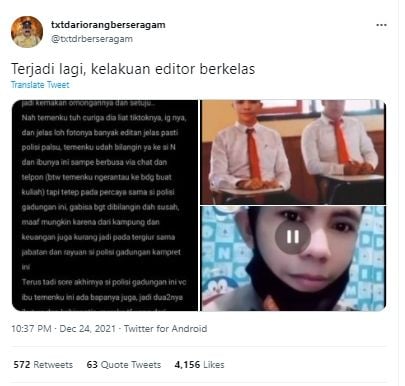 Postingan warganet meminta bantuan ke publik untuk keluarga temannya yang ditipu. (Twitter/txtdrberseragam)