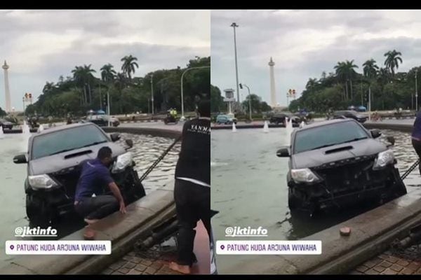 Viral Mobil Nyemplung Kolam Bundaran Patung Kuda. (Instagram/@jurnalisjunior)