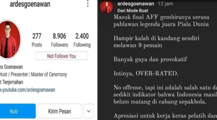 Tangkapan layar foto unggahan netizen soal presenter Ardes Goenawan sindir Timnas Indonesia. (Twitter Tukangrosok_)