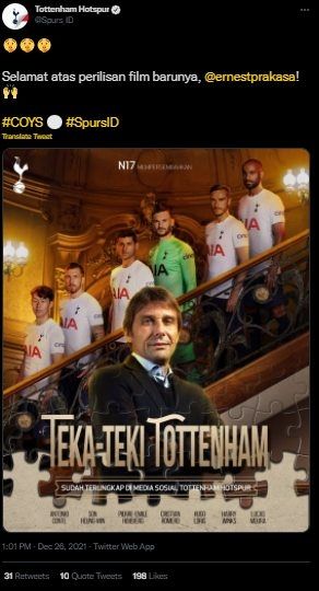 Tottenham Hotspur Selamati Ernest Prakasa Atas Perilisan Film Baru. (Twitter/@Spurs_ID)