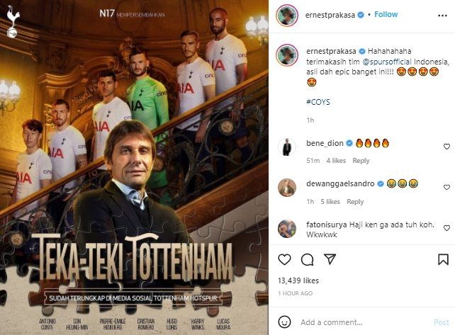 Tottenham Hotspur Selamati Ernest Prakasa Atas Perilisan Film Baru. (Instagram/@ernestprakasa)