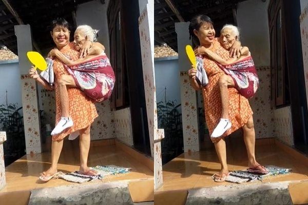 Viral Ibu Gendong Nenek Pakai Selendang Bak Bayi. (TikTok)