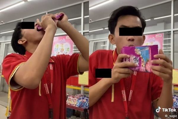 Viral Pegawai Minimarket Hobi Makan Snack Kucing. (TikTok)