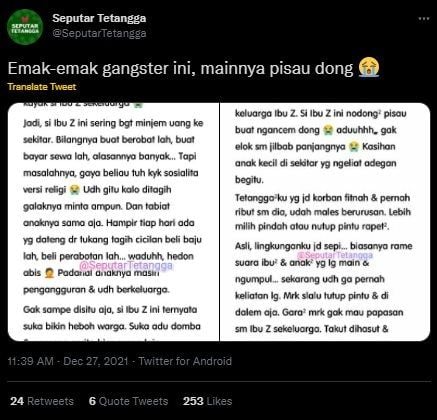 Viral Cerita Emak-emak 'Gangster' yang Hobinya Pinjem Duit Buat Hedon. (Twitter/@SeputarTetangga)