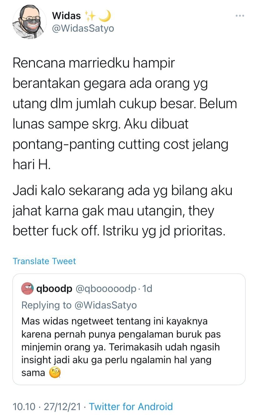 Viral curhat pria, gegara beri hutang ke teman, rencana pernikahan nyaris berantakan (Twitter/WidasSatyo)