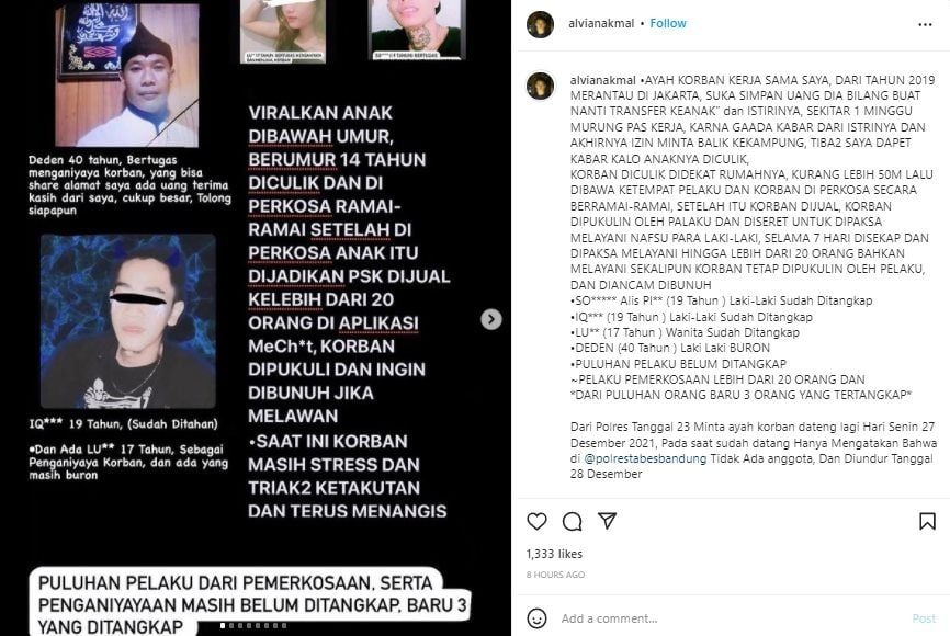 Viral Anak 14 Tahun Diperkosa Ramai-ramai dan Dijual Paksa Layani 20 Pria. (Instagram)