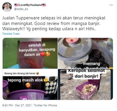 Cuitan bukti Tupperware selamatkan berbagai macam makanan. (Twitter/Azfar_Az)