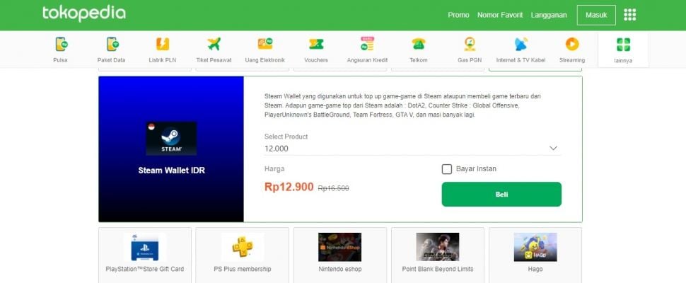 Isi Steam Wallet lewat Tokopedia. [Tokopedia]