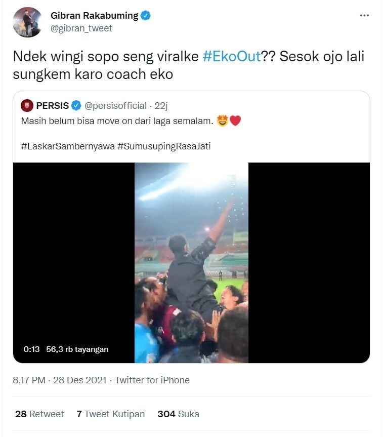 Cuitan Gibran Rakabuming Raka soal coach Eko Purjianto