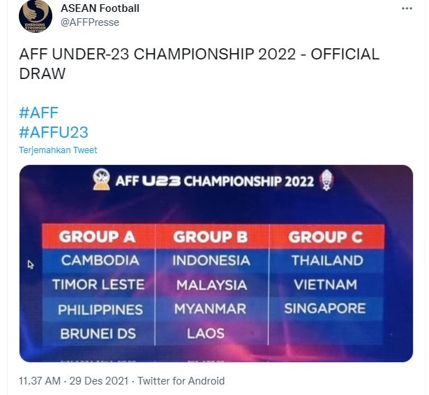 Hasil undian grup Piala AFF U-23. (Twitter/@AFFPresse)