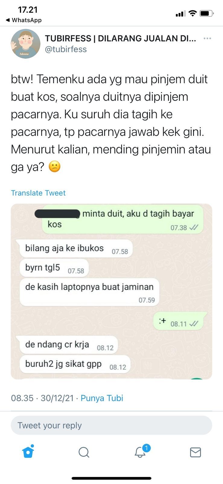 Tagih hutang ke pacar malah dapat jawaban menohok (Twitter/tubirfess)