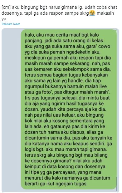 Curhatan mahasiswa yang kebingungan nilai UAS miliknya kosong sebab dihapus oleh temannya sendiri. (Twitter/collegemenfess)