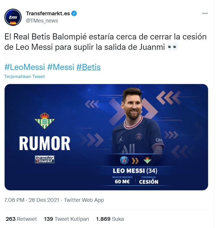 Leonel Messi dirumorkan akan pindah ke klub rival Barcelona. [Twitter]