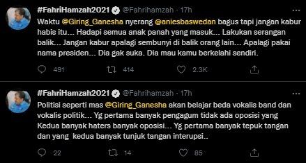 Fahri Hamzah Apresiasi Giring Ganesha Saat Serang Anies. (Twitter/@Fahrihamzah)