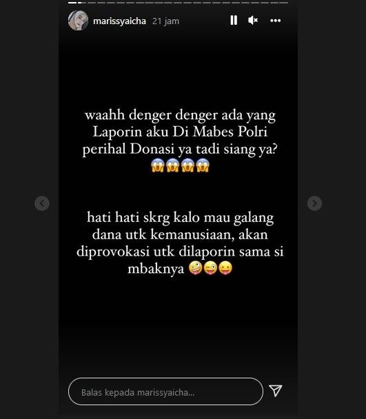 Marissya Icha soal provokator yang melaporkan dirinya ke polisi terkait donasi untuk Gala Sky. [Instargam]