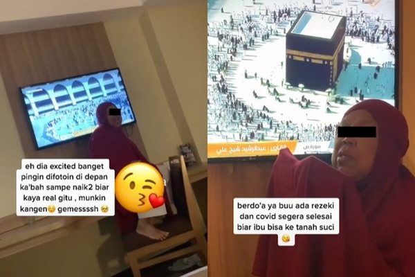 Viral Aksi Ibu Ini Saat Lihat Ka'bah di Televisi Bikin Nangis. (TikTok)