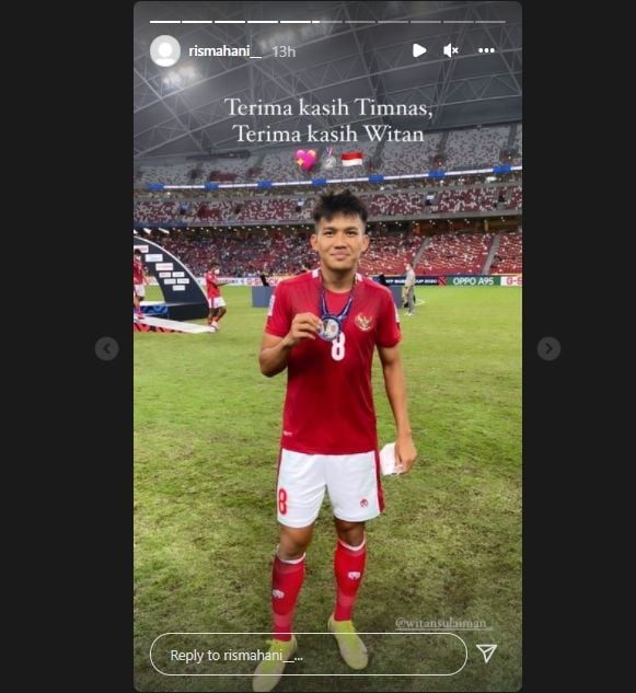 Ucapan spesial kekasih Witan Sulaeman usai timnas jadi runner-up Piala AFF 2020. (Instagram/rismahani__)