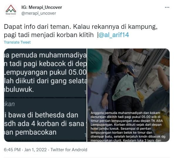 Klitih di Lempuyangan (Twitter/@merapi_uncover)