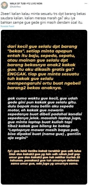 Cuitan si pengirim curhat kondisi saudaranya yang selalu berikan barang bekas tapi harus bayar. (Twitter/tubirfess)