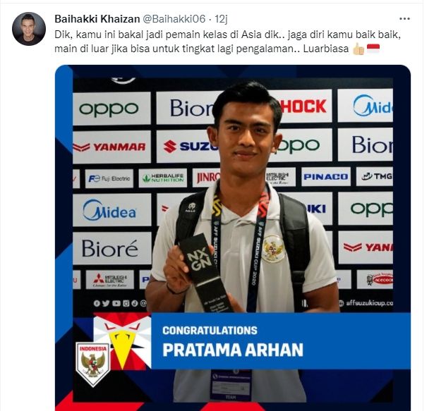 Bek kiri timnas Indonesia, Pratama Arhan dipuji legenda Singapura, Baihakki Khaizan. (Twitter/@Baihakki06)