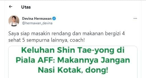 Devina Hermawan siap masak untuk Timnas Indonesia (Twitter @hermawan_devina)